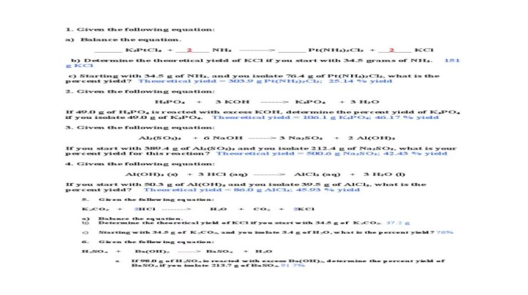 Theoretical and percent yield worksheet