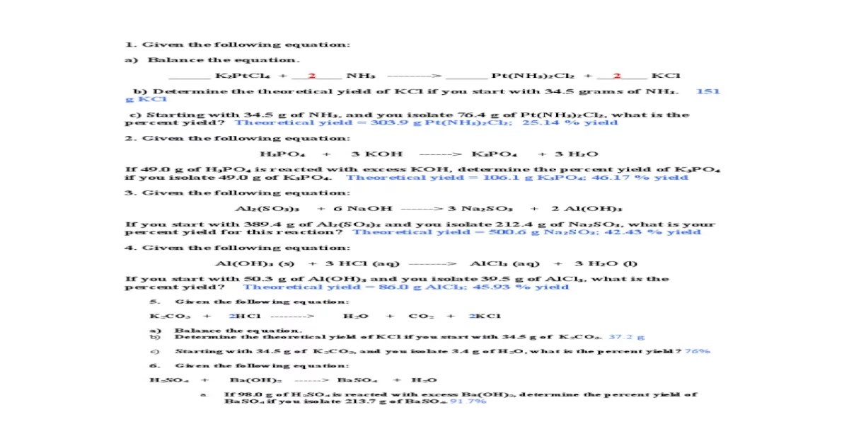 Theoretical and percent yield worksheet